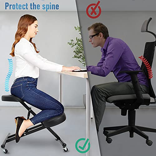 Todeco - Silla de Rodillas Ergonómica Ajustable en Altura 49-60 cm, Silla de Oficina Arrodillada para Corrección de Postura, Taburete Ergonómico para Hogar y Oficina, Material: Cuero de Imitación
