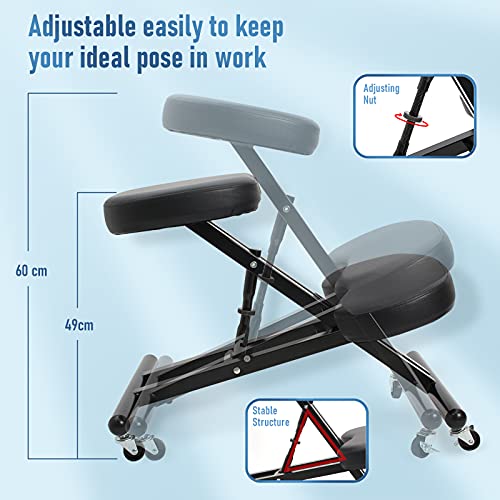 Todeco - Silla de Rodillas Ergonómica Ajustable en Altura 49-60 cm, Silla de Oficina Arrodillada para Corrección de Postura, Taburete Ergonómico para Hogar y Oficina, Material: Cuero de Imitación