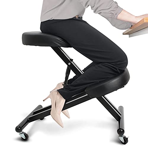 Todeco - Silla de Rodillas Ergonómica Ajustable en Altura 49-60 cm, Silla de Oficina Arrodillada para Corrección de Postura, Taburete Ergonómico para Hogar y Oficina, Material: Cuero de Imitación