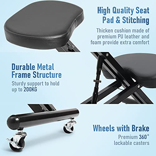 Todeco - Silla de Rodillas Ergonómica Ajustable en Altura 49-60 cm, Silla de Oficina Arrodillada para Corrección de Postura, Taburete Ergonómico para Hogar y Oficina, Material: Cuero de Imitación