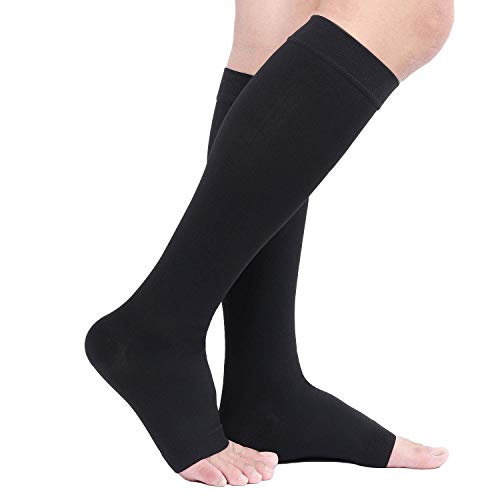 TOFLY Calcetines de compresión, graduados a 20-30mmHg para hombres y mujeres, opacos, con punta abierta, medias de compresión a la altura de las rodillas con soporte firme ideales para, Negro XXL