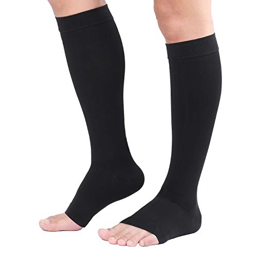 TOFLY Calcetines de compresión, graduados a 20-30mmHg para hombres y mujeres, opacos, con punta abierta, medias de compresión a la altura de las rodillas con soporte firme ideales para, Negro XXL