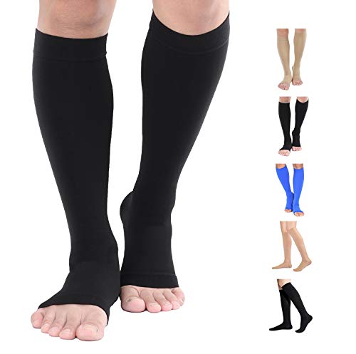 TOFLY Calcetines de compresión, graduados a 20-30mmHg para hombres y mujeres, opacos, con punta abierta, medias de compresión a la altura de las rodillas con soporte firme ideales para, Negro XXL