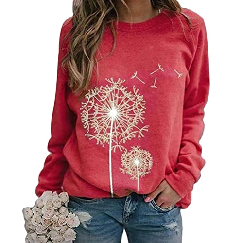 Tomwell Mujeres Sudadera De Camisa De Manga Larga Suelta Jerseys con Estampado De Diente De León Otoño Invierno Pullover Blusa Tops A Rojo XL