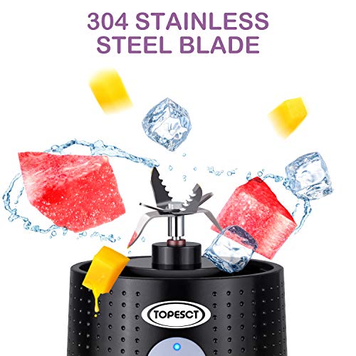 TOPESCT Batidora portátil, mezclador personal de frutas recargable con USB, mini licuadora para batidos, zumo de frutas, batidos de leche 380ml, seis cuchillas 3D para gran mezcla (negro)