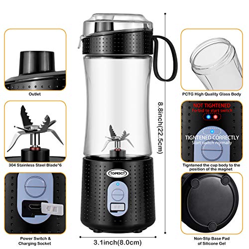 TOPESCT Batidora portátil, mezclador personal de frutas recargable con USB, mini licuadora para batidos, zumo de frutas, batidos de leche 380ml, seis cuchillas 3D para gran mezcla (negro)