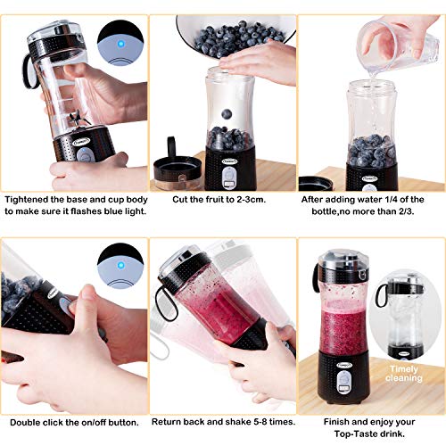 TOPESCT Batidora portátil, mezclador personal de frutas recargable con USB, mini licuadora para batidos, zumo de frutas, batidos de leche 380ml, seis cuchillas 3D para gran mezcla (negro)