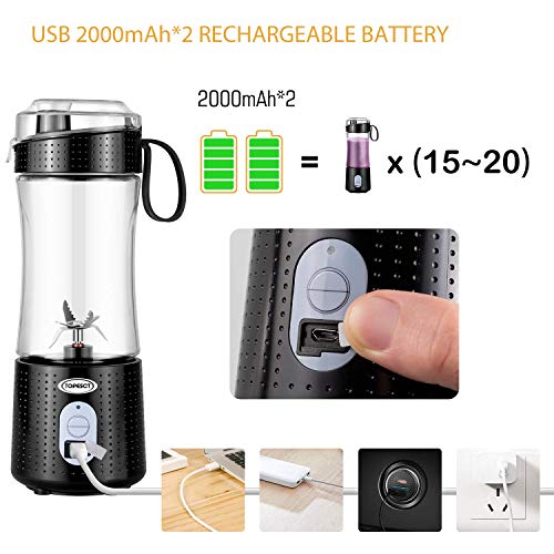TOPESCT Batidora portátil, mezclador personal de frutas recargable con USB, mini licuadora para batidos, zumo de frutas, batidos de leche 380ml, seis cuchillas 3D para gran mezcla (negro)