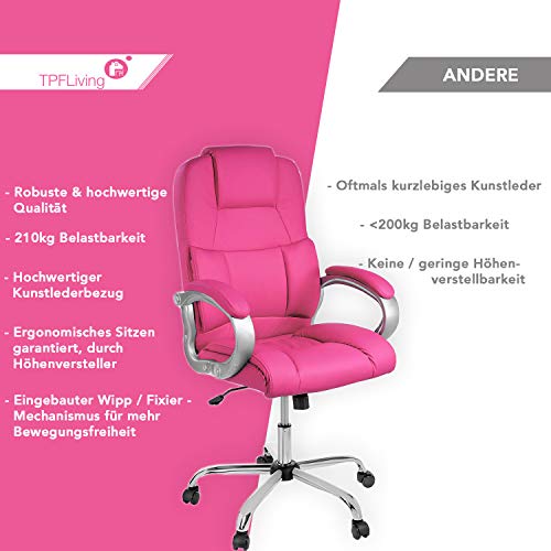 TPFLiving - Denver - Silla de Oficina Silla de Escritorio con Relleno, Ergonómica, Ruedas con Freno, Silla de Jefe de Piel Sintética, con Capacidad de Carga de hasta 210 kg, Rosa