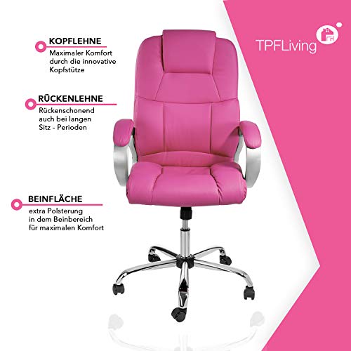 TPFLiving - Denver - Silla de Oficina Silla de Escritorio con Relleno, Ergonómica, Ruedas con Freno, Silla de Jefe de Piel Sintética, con Capacidad de Carga de hasta 210 kg, Rosa