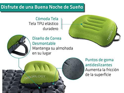 Trekology Almohada de Camping y Viaje Inflable Ultraligera – ALUFT 2.0 Comprimible, compacta, cómoda, Almohada Hinchable ergonómica para el Cuello y el Apoyo Lumbar para IR de Camping