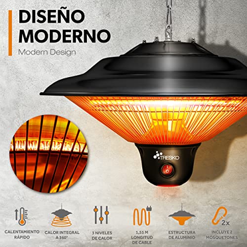 TRESKO Calefactor por Infrarrojos de Pared | 1500W + Control Remoto | Estufa Radiante de Terraza con 3 Temperaturas | Radiador Eléctrico para Exterior e Interior | Calentador de Techo (Negro)
