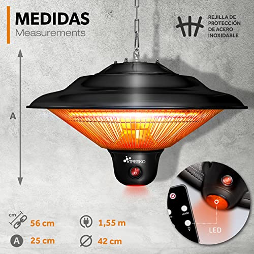 TRESKO Calefactor por Infrarrojos de Pared | 1500W + Control Remoto | Estufa Radiante de Terraza con 3 Temperaturas | Radiador Eléctrico para Exterior e Interior | Calentador de Techo (Negro)
