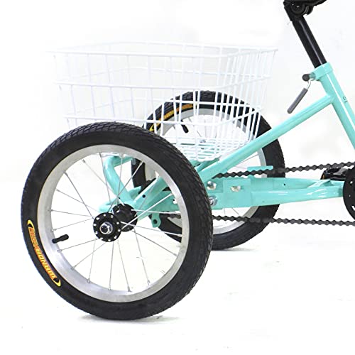Triciclo para niños de 14 pulgadas con una sola velocidad, 3 ruedas, color verde claro, con cesta grande para 5-6 años