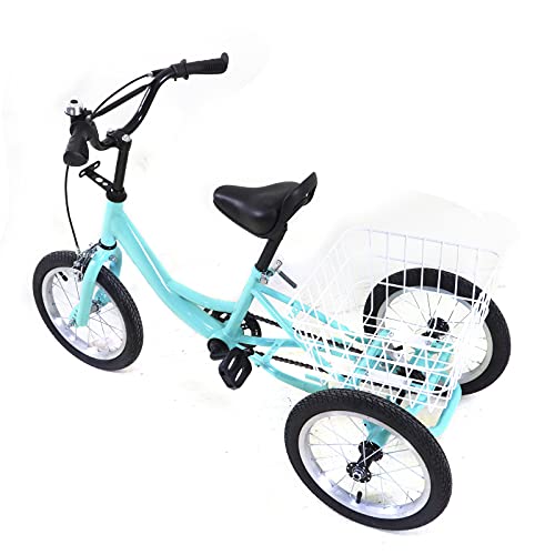 Triciclo para niños de 14 pulgadas con una sola velocidad, 3 ruedas, color verde claro, con cesta grande para 5-6 años
