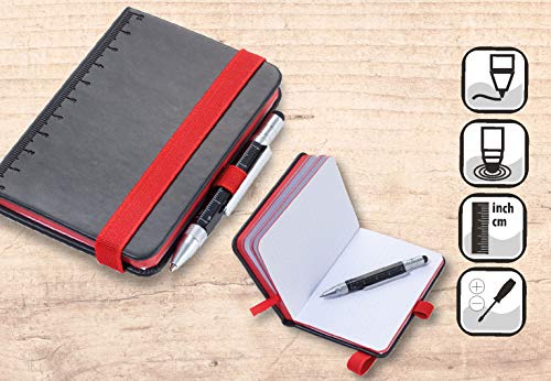 TROIKA Lilipad + Liliput – NPP25BK/RD – Bloc de notas DIN A7 con bolígrafo – Portalápices, diario, cuaderno – Cinta elástica – Regla (10 cm) – Papel FSC perforado a cuadros