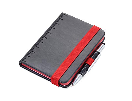 TROIKA Lilipad + Liliput – NPP25BK/RD – Bloc de notas DIN A7 con bolígrafo – Portalápices, diario, cuaderno – Cinta elástica – Regla (10 cm) – Papel FSC perforado a cuadros