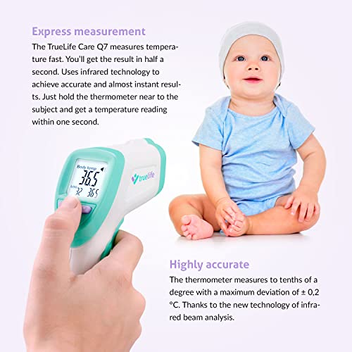 TrueLife Care Q7 Termómetro Médico Preciso Sin Contacto Por Infrarrojo Para Frente con Pantalla LCD Para Niños, Adultos, Leche y Comida | CE, RoHS, ISO, SÚKL aprobado