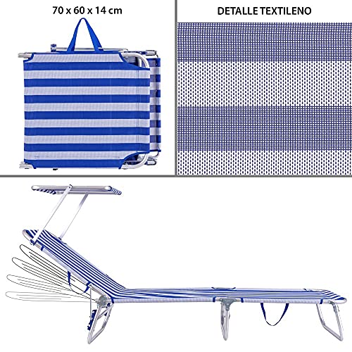 Tumbona Playa Cama con Parasol de 3 Posiciones de Aluminio y textileno de 190x58x25 cm (Azul y Blanco)