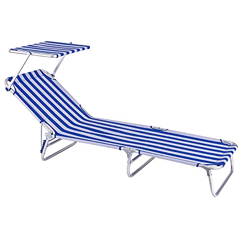 Tumbona Playa Cama con Parasol de 3 Posiciones de Aluminio y textileno de 190x58x25 cm (Azul y Blanco)