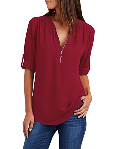 Tuopuda Mujer Blusas y Camisa Cuello V Camisetas Cremallera Gasa Blusas Sueltas Camisas de Manga Larga Ajustable Tops