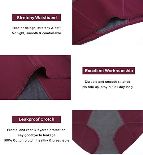TUTUESTHER Braguitas menstruales para mujer, de algodón, absorbentes, Gris/vino/rojo marino., 42
