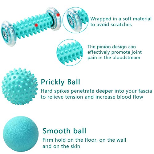 TWBEST Rodillo de Masaje, Masajeador Suave para Pies y Manos, Masajeador ergonómico para aliviar dolor de Fascitis Plantar, músculo, cervical, muñecas y etc. Con 2 Pelotas Masaje.