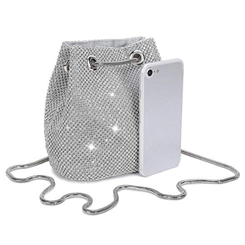 UBORSE Bolso de noche de lujo Bolso de hombro mujer Glitter Diamond Embrague Bolsos de hechos a mano Cadena de encogimiento para Boda/Fiesta/Baile-Plateado