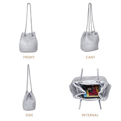 UBORSE Bolso de noche de lujo Bolso de hombro mujer Glitter Diamond Embrague Bolsos de hechos a mano Cadena de encogimiento para Boda/Fiesta/Baile-Plateado