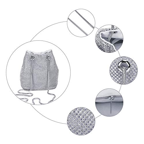 UBORSE Bolso de noche de lujo Bolso de hombro mujer Glitter Diamond Embrague Bolsos de hechos a mano Cadena de encogimiento para Boda/Fiesta/Baile-Plateado