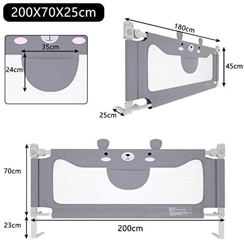 UISEBRT Barrera de cama para niños, 200 cm, protección contra caídas, altura ajustable, para cama familiar y cama infantil, color gris