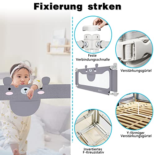 UISEBRT Barrera de cama para niños, 200 cm, protección contra caídas, altura ajustable, para cama familiar y cama infantil, color gris