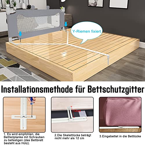 UISEBRT Barrera de cama para niños, 200 cm, protección contra caídas, altura ajustable, para cama familiar y cama infantil, color gris