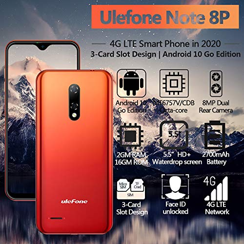 Ulefone Note 8P Android 10 4G Teléfono Móvil, 5.5 '' Waterdrop Pantalla Smartphone, Quad Core 2GB + 16GB, SIM Dual + SD (Ranura para 3 Tarjetas), Desbloqueo Facial, Cámara 8MP+2MP+5MP GPS Rojo