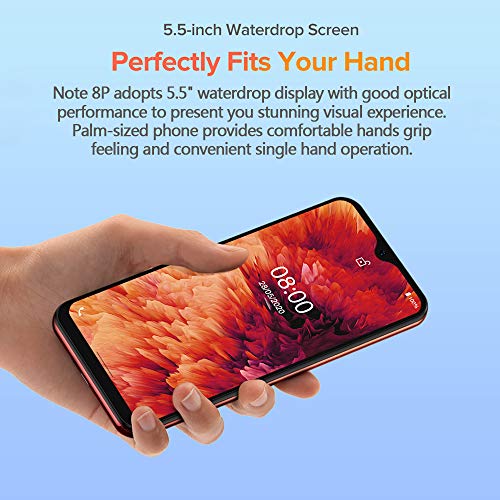 Ulefone Note 8P Android 10 4G Teléfono Móvil, 5.5 '' Waterdrop Pantalla Smartphone, Quad Core 2GB + 16GB, SIM Dual + SD (Ranura para 3 Tarjetas), Desbloqueo Facial, Cámara 8MP+2MP+5MP GPS Rojo