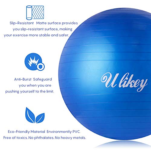 Ulikey Pelota de Ejercicio, Pelota Gimnasia - 65 cm Pelota de Ejercicio para Fitness Adecuada, Balones de Ejercicio para Hombres y Mujeres, Puede Soportar 200KG (Azul)