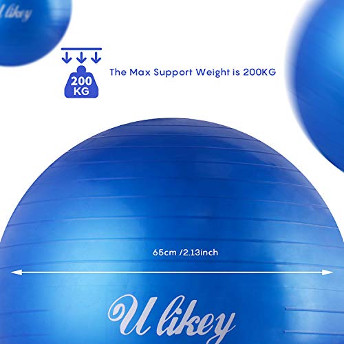 Ulikey Pelota de Ejercicio, Pelota Gimnasia - 65 cm Pelota de Ejercicio para Fitness Adecuada, Balones de Ejercicio para Hombres y Mujeres, Puede Soportar 200KG (Azul)