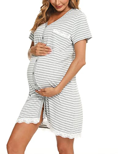 Uniexcosm Camisón Maternidad Lactancia, Camisones Embarazadas Algodon Manga Corta Camison Corto Encaje con Cuello en V Camisón Premamá Ropa para Dormir para Hogar Gris Blanco XXL