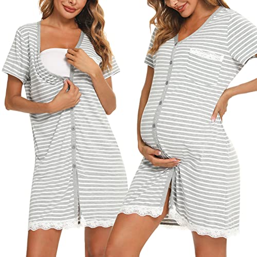 Uniexcosm Camisón Maternidad Lactancia, Camisones Embarazadas Algodon Manga Corta Camison Corto Encaje con Cuello en V Camisón Premamá Ropa para Dormir para Hogar Gris Blanco XXL