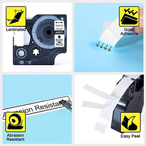 Unistar – Cinta de Etiquetas Compatible para Usar en Lugar de Dymo D1 45013 S0720530 Cinta 12mm x 7m Negro en Blanco Cartucho 45013, para DYMO LabelManager 160 210D 260P 280, 5-Pack