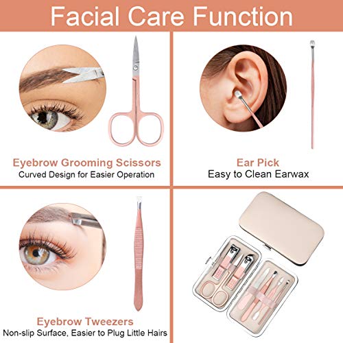 URAQT Set de Manicura para Mujeres, 7 piezas de Cortaúñas y Kit de Aseo para Cejas, Herramientas para el Cuidado de Las Uñas de Acero Inoxidable con Estuche de Cuero para Viajes y Hogar