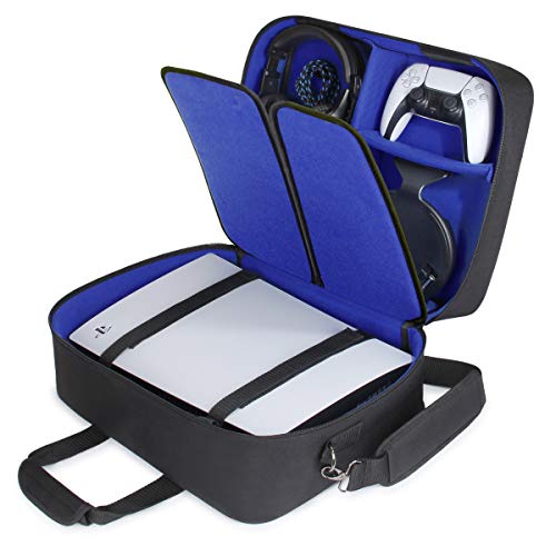 USA GEAR PS5 Case - Funda De Consola Compatible con Playstation 5 Y PS5 Edición Digital con Interior Personalizable para Controlador De Playstation, Juegos, Auriculares Gaming Y Accesorios (Azul)