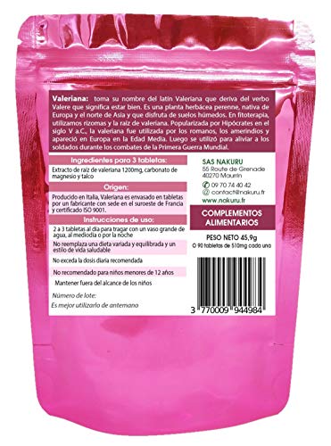 Valeriana/NAKURU Relax/Polvo Orgánico Secado y Comprimido en Frío/Analizado y Acondicionado en Francia /"La Raíz Natural del Sueño!" (90 Tabletas de 510mg / Peso Neto: 45,9g / Rosa)