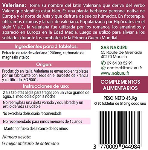 Valeriana/NAKURU Relax/Polvo Orgánico Secado y Comprimido en Frío/Analizado y Acondicionado en Francia /"La Raíz Natural del Sueño!" (90 Tabletas de 510mg / Peso Neto: 45,9g / Rosa)
