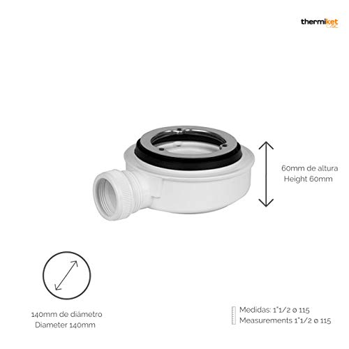 Válvula de Desagüe para Platos de Ducha | Sifón para plato de ducha- 140 mm de diámetro | Aro de Sujeción de Acero Inoxidable brillo con fijación mediante 3 Tornillos | Con Contenedor de Residuos