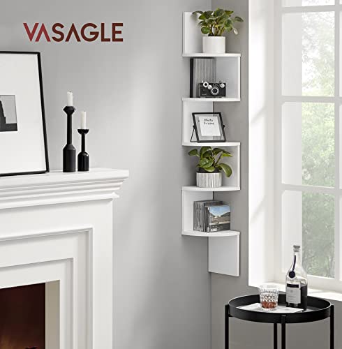 VASAGLE Estantería para Esquina, Estantería Colgante de 5 Niveles, Estantería de Pared con Diseño en Zigzag, Estantería para Libros, Blanco LBC20WT