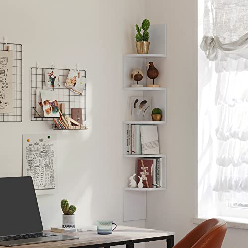 VASAGLE Estantería para Esquina, Estantería Colgante de 5 Niveles, Estantería de Pared con Diseño en Zigzag, Estantería para Libros, Blanco LBC20WT