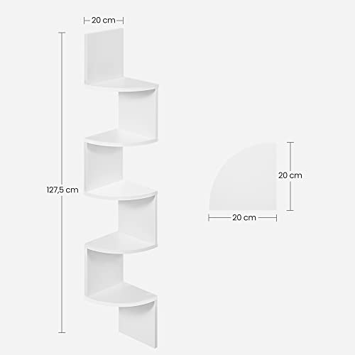 VASAGLE Estantería para Esquina, Estantería Colgante de 5 Niveles, Estantería de Pared con Diseño en Zigzag, Estantería para Libros, Blanco LBC20WT