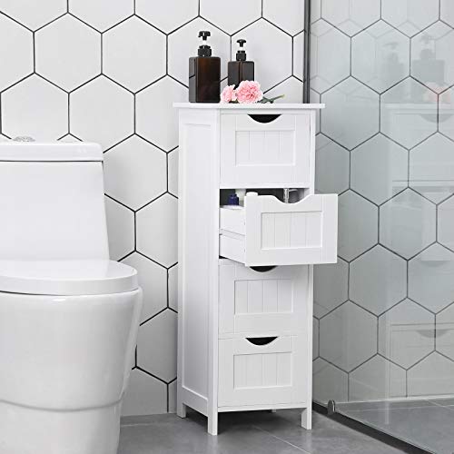 VASAGLE Gabinete de Baño, Gabinete de Almacenamiento con 4 Cajones, 30 x 30 x 82 cm, para Sala de Estar, Cocina y Pasillo, Blanco LHC40W
