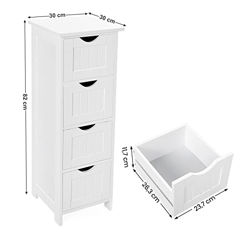 VASAGLE Gabinete de Baño, Gabinete de Almacenamiento con 4 Cajones, 30 x 30 x 82 cm, para Sala de Estar, Cocina y Pasillo, Blanco LHC40W